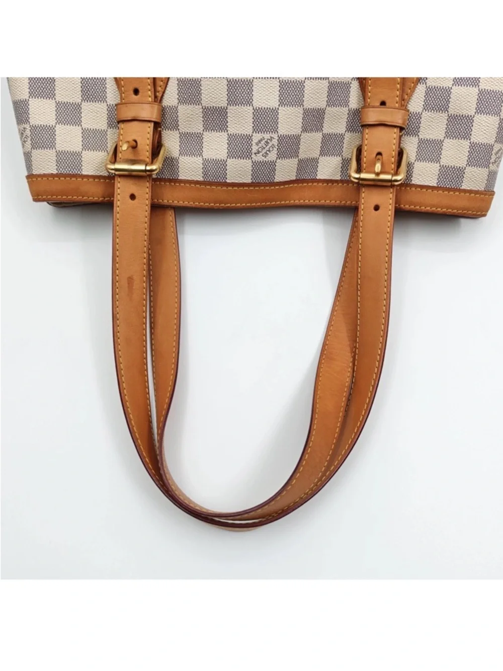 Louis Vuitton Damier Azur Check Canvas Tote with Tan Leather & Gold Hardware - Picture 7 of 14